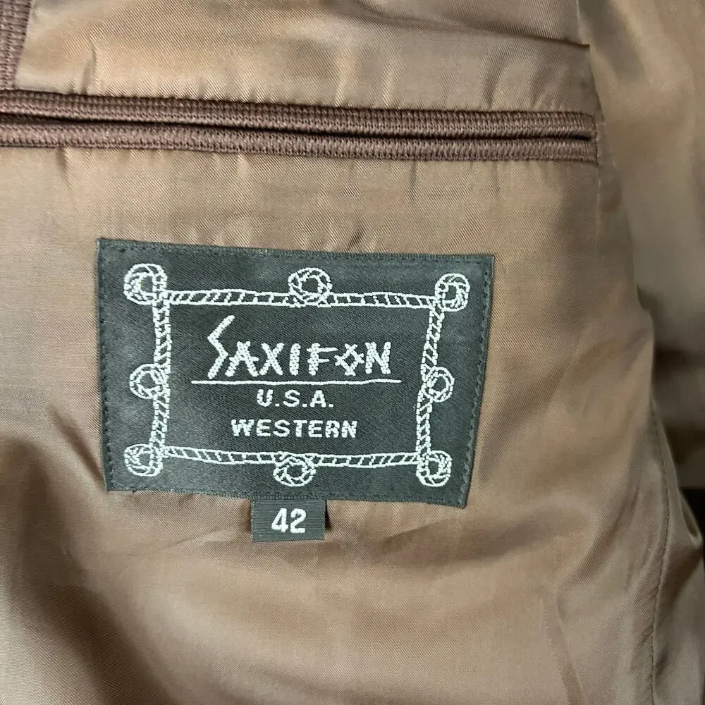 Saxifon Western Faux Ostrich Leather Suit Jacket Pants Brown/Ivory Men's 42/36